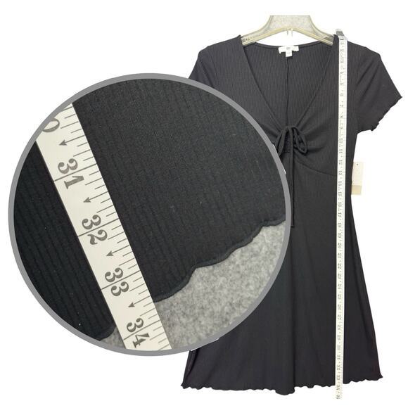 Black Mini Dress Babydoll Rib Knit Lettuce Edge Tie Front BP S Whimsigoth Retro - Picture 10 of 15